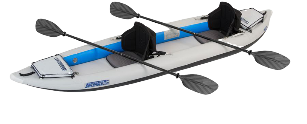 Sea Eagle inflatable kayak, gray, showing room enough for two people