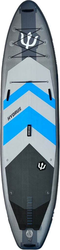 Hydrus brand paddle board or SUP, sturdy and gray with chevron pattern